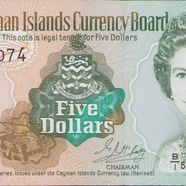 CAYMAN ISLAND 5 Dollars 1996 *Kraliçe çil banknot
