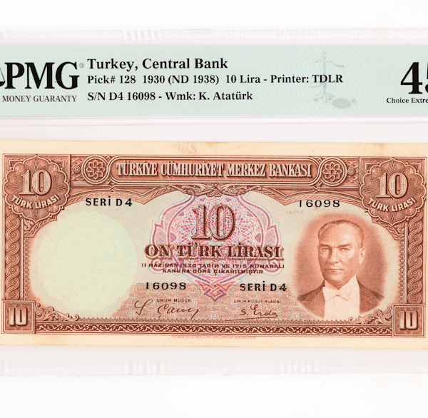 2. Emisyon 10 Lira (Livre) 1938-52 Pick#128 PMG 45 EF *ççt - SATILDI - OUT OF STOCK