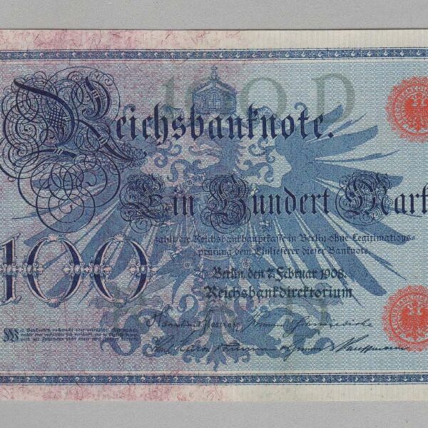 DEUTSCHLAND 100 Mark 1908 Pick#33a - UNC