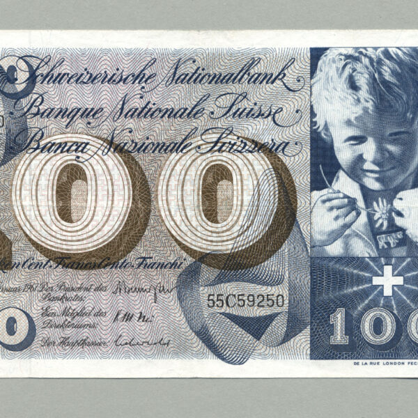 SWITZERLAND İsviçre 100 Francs 1967 - VF *4'e katlanmış, kagıt diri