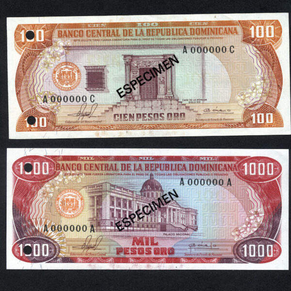 DOMINICANA 100 + 1000 Pesos Oro SPECIMEN - UNC