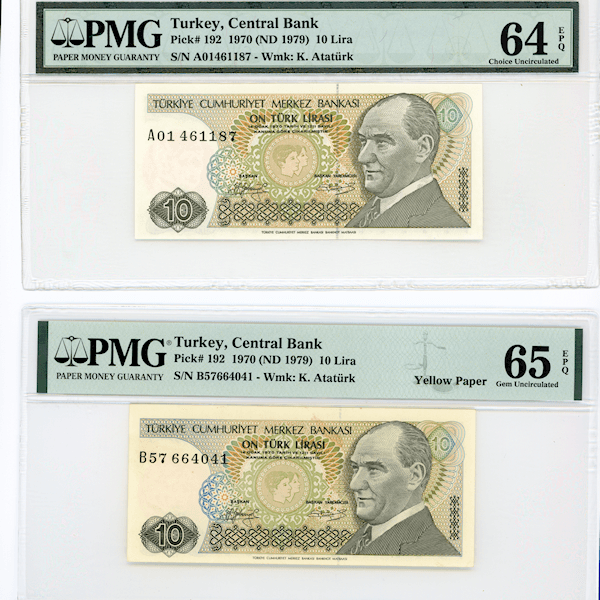 7. Emisyon 10 Lira 6. Emisyon 1. Tertip Pick # 192 Sarı kağıt/Beyaz kağıt *TAKIM PMG sertifikalı 65/64 EPQ çil