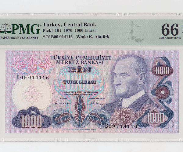6. EMİSYON – 1000 Lira 1976 Pick # 191 – PMG 66 EPQ – UNC *çil banknot