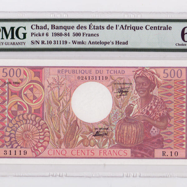 CHAD 500 Escudos 1980-84 Pick#6 PMG 64 – UNC çil banknot sertifikalı