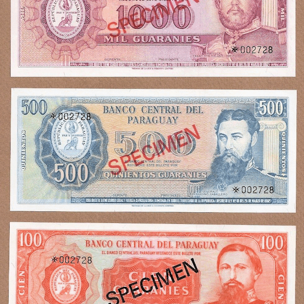 PARAGUAY Issue 1979 SPECIMEN SET w/ CERTIFICATE Pick#228c PMG 66 EPQ - UNC