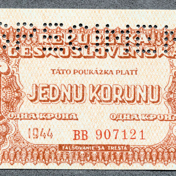 Çekoslavakya CZECHOSLOVAKIA 1 Korun 1944 Pick#45s SPECIMEN – UNC