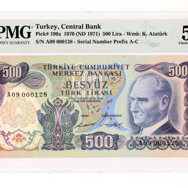 6. Emisyon 500 Lira 1970/71 Pick # 190a PMG 58 aUNC *çilaltı - Seri A09000128