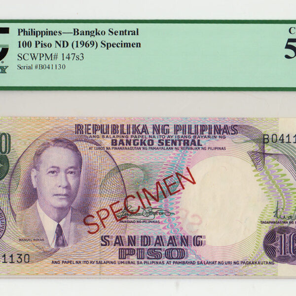 Filipinler PHILIPPINES 100 Piso ND (1969) SPECIMEN PCGS 58 PPQ aUNC *SATILDI - OUT OF STOCK