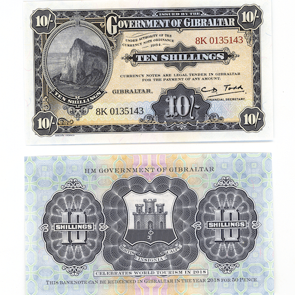 GIBRALTAR Cibraltar 10/- Shillings 1984 yeni basim 2020 UNC çil
