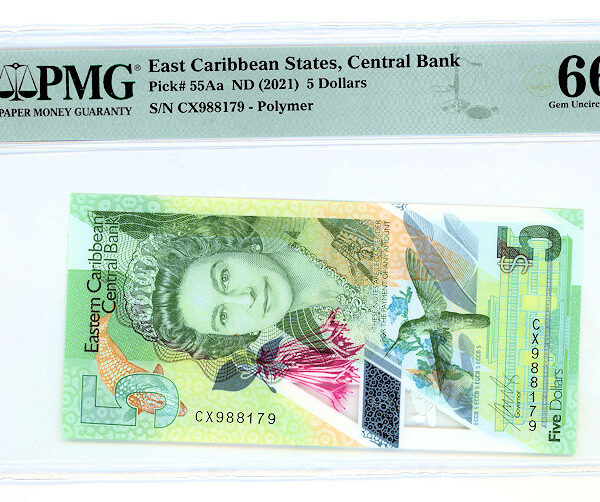 EASTERN CARIBBEAN CENTRAL BANK 5 DOLAR 2021 PMG 66 EPQ - UNC *Kraliçe / ÇİL banknot