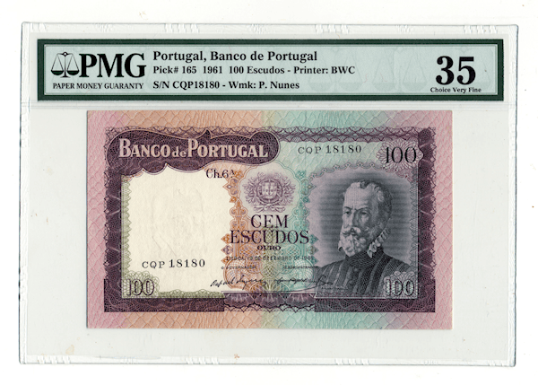 PORTUGAL Portekiz 100 Escudos 1961 Pick # 165 PMG 35 VF