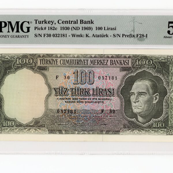 5. Emisyon 100 Lira 6. Tertip ND (1969) Pick # 182c PMG 50 – aUNC *çilaltı *SATILDI - OUT OF STOCK