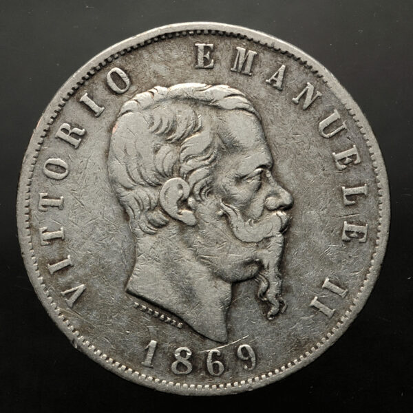 ITALY 5 Lire 1869 King Emuneule II Silver