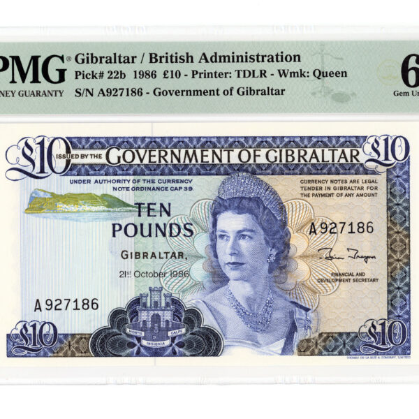 GIBRALTAR Cebelitarik 10 Pounds 1986 PMG 66 EPQ sertifikali çil banknot