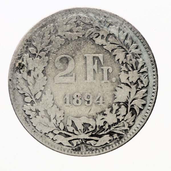 Isviçre SWITZERLAND Schweiz 2 Frank 1894 Gümüs