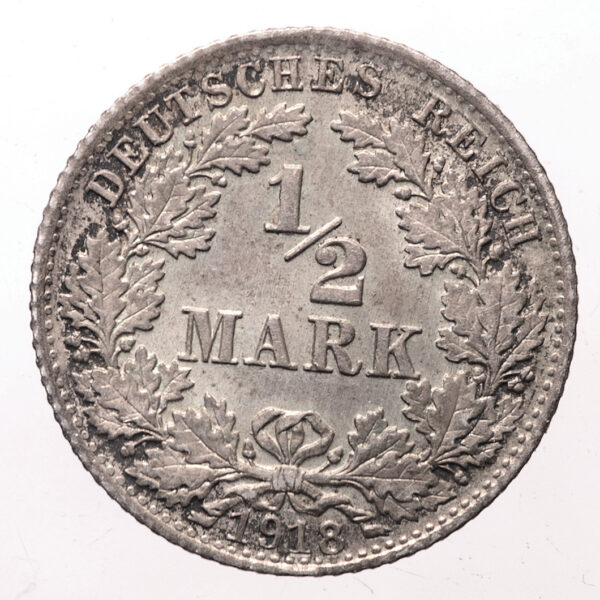 DEUTSCHLAND Almanya ½ Mark 1918 *Silver