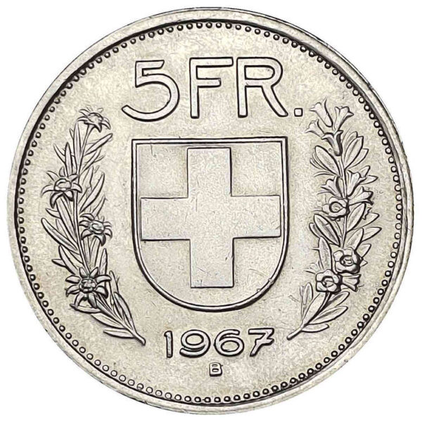İSVİÇRE Switzerland Schweiz 1967 YILI 5 FRANK GÜMÜŞ ÇİL