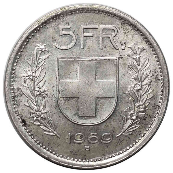 İSVİÇRE Switzerland Schweiz 1969 YILI 5 FRANK GÜMÜŞ ÇİL