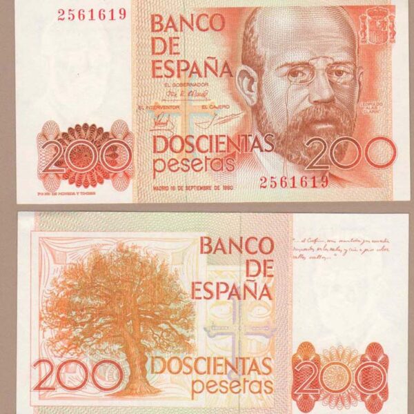 SPAIN Ispanya 200 Pecetas 1980 Pick#156 UNC *çil (without seial init) Seri harfi olmaksızın