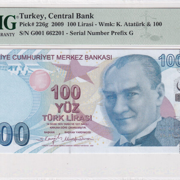 9.EMİSYON 100 TL SERİ G001 PMG 67 EPQ SERİFİKALI ÇİL - UNC *SATILDI -OUT OF STOCK