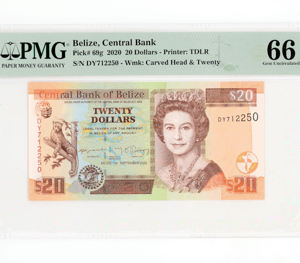 BELIZE 20 Dollars 2020 Pick#69g PMG 66 EPQ - UNC çil banknmpt sertifikali - Kraliçe *SATILDI - OUT OF STOCK