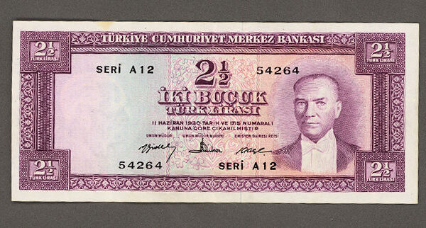 5. Emisyon 2 buçuk Lira 1960-1966 - 4. Tertip *VF (arka yazılı) *SATILDI - OUT OF STOCK SATILDI - OUT OF STOCK SATILDI - OUT OF STOCK