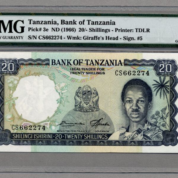 TANZANIA 20/- Shillings ND (1966) Pick # 3e PMG 66 EPQ UNC - çil