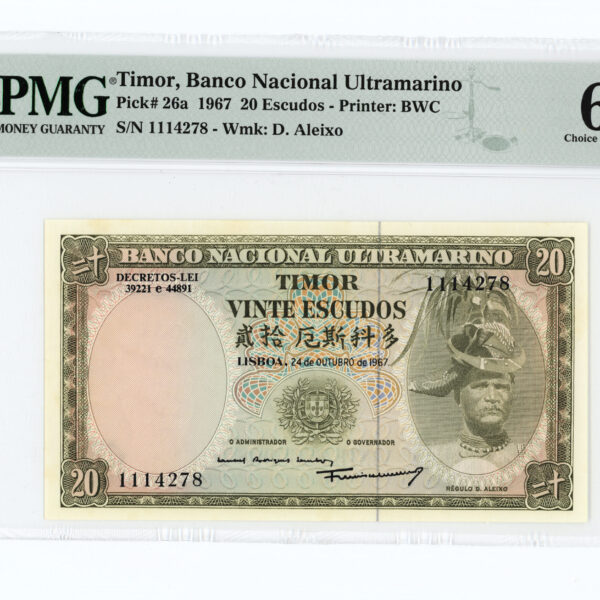 TIMOR 20 Escudos 1967 Pick # 26a PMG 64 - UNC