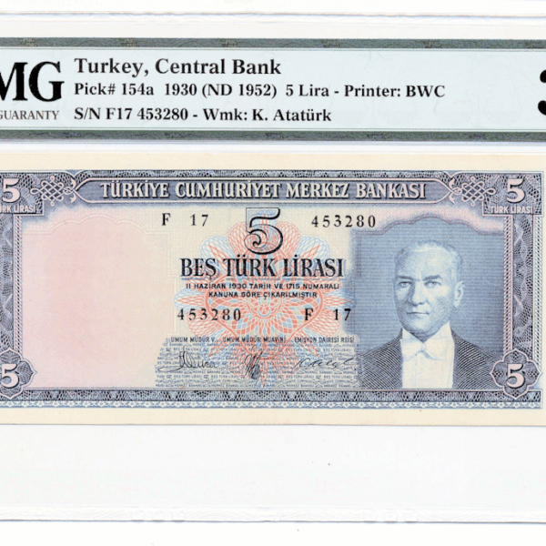 5. Emisyon 5 Lira 1961-68 TURKEY Pick # 154a PMG 30 VF *SATILDI - OUT OF STOCK