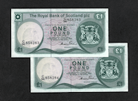 Iskoçya SCOTLAND 2 adet seri takipli 1 POUND 1984 BANK OF SCOTLAND UNC Banknot çil SATILDI - OUT OF STOCK