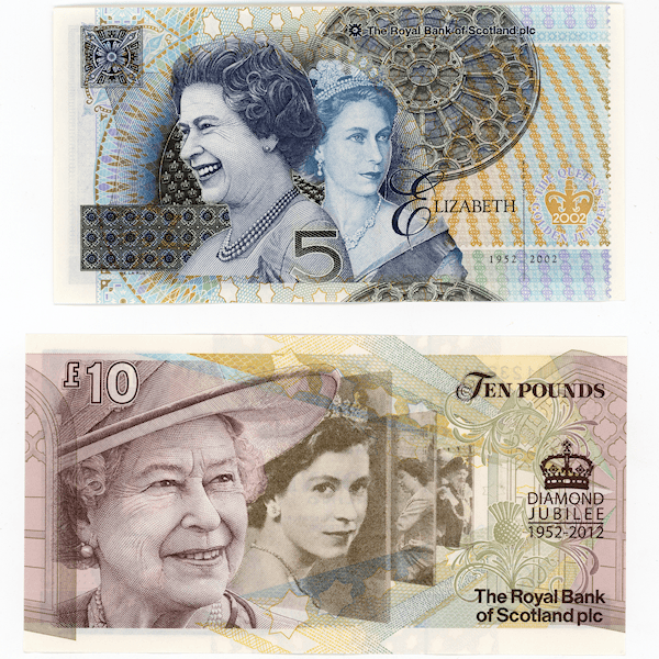 Iskoçya Scotland 5 Pounds 2002 & 10 Pounds 2012 Queen Kraliçe UNC