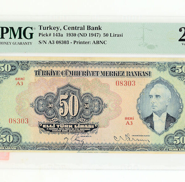 3. Emisyon 50 Lira 1947-51 Pick#143a PMG 25 VF *çt