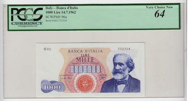 ITALY 1000 Lire 1962 Pick#96a PCGS 64 - UNC