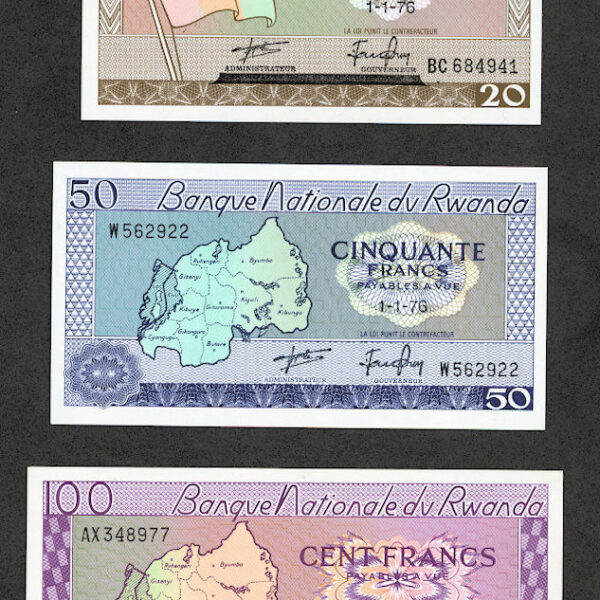 RWANDA 20,50,100 Amafranga 1976 UNC
