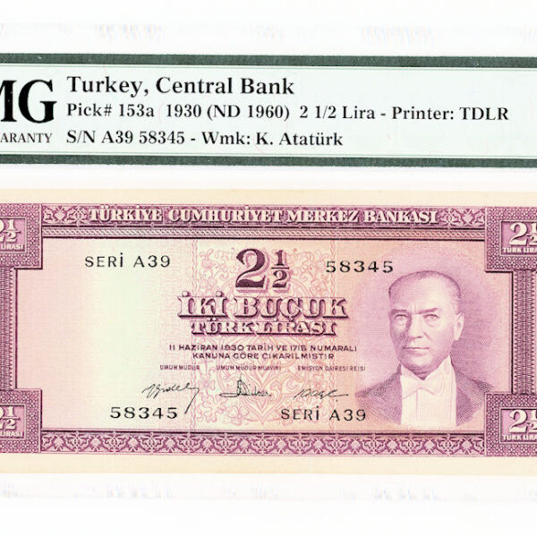 5. Emisyon 2 Buçuk Lira 4. Tertip Pick # 153a Serie A39 PMG 66 EPQ - UNC *çil