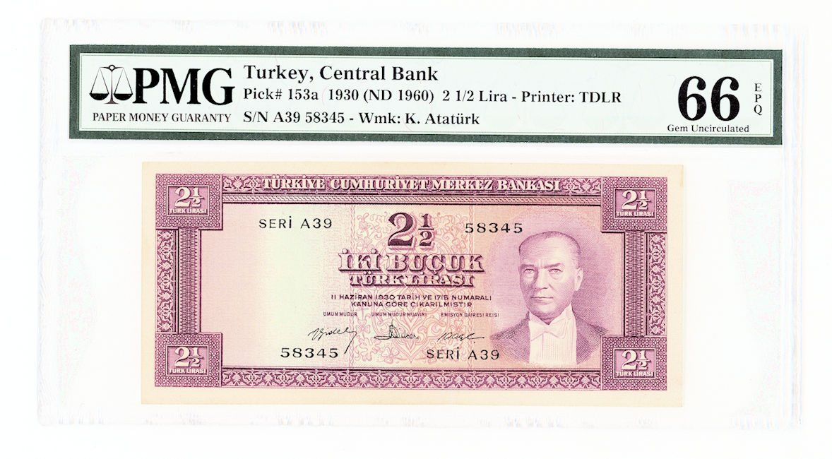 5. Emisyon 2 Buçuk Lira 4. Tertip Pick # 153a Serie A39 PMG 66 EPQ - UNC *çil