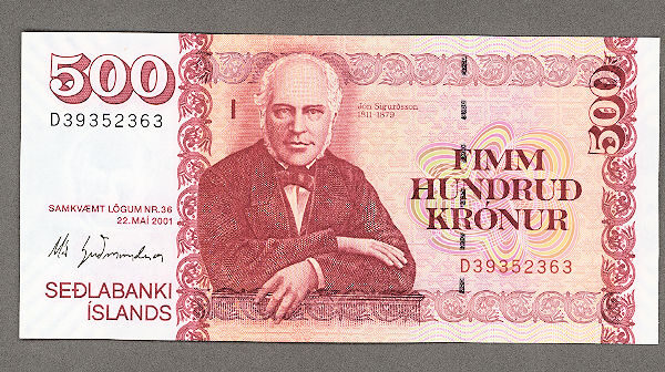 iZLANDA Iceland Island 500 Krönur 2001 - UNC çil banknot