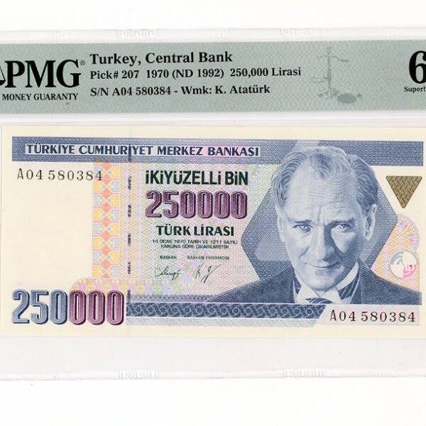 7. Emisyon 250 000 Türk Lirası ND 1992 Pick#207 PMG 67 EPQ - UNC