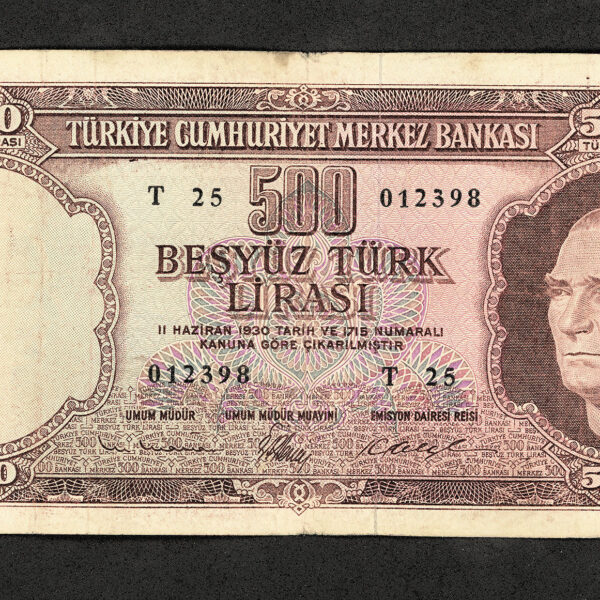 5. Emisyon 500 Lira 3. Tertip 1962-76 Pick#178a *çt+ banknot