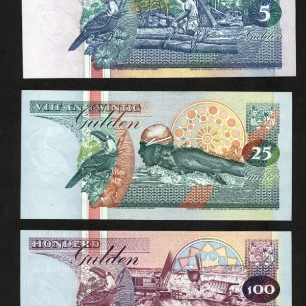 SURINAM 5 + 25 + 100 Gulden 1998 UNC - çil