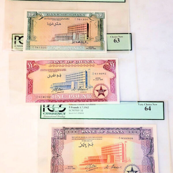 GHANA 10 Shillings + 1 & 5 Pounds 1962 PCGS - 3 Banknot *all UNC