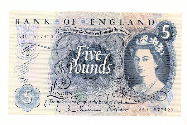 Great Britain ingiltere 5 Pounds 1963-71 Kraliçe *çil bankot UNC