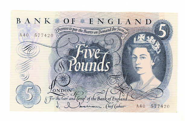 Great Britain ingiltere 5 Pounds 1963-71 Kraliçe *çil bankot UNC