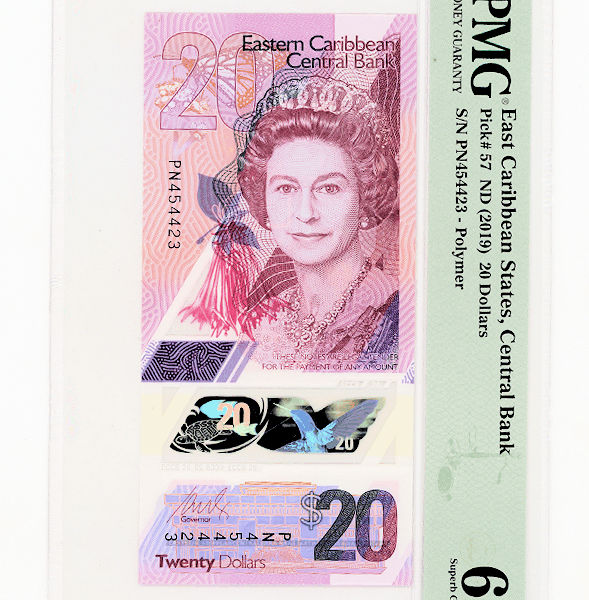EASTERN CARRIBBEAN 20 Dollars Pick#57 PMG 67 EPQ *Kraliçe polymer BANKNOT *SATILDI - OUT OF STOCK