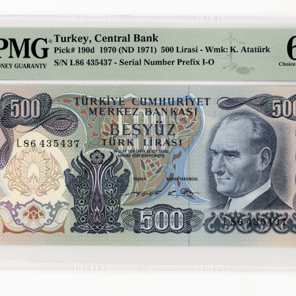 6. Emisyon 500 Lira 1970/71 Pick # 190 PMG 64 EPQ - UNC Seri L86
