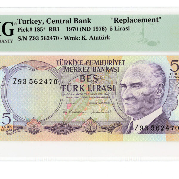 6. EMİSYON - 5 Lira ND 1976 Pick#185 RBI Turkey Replacement PMG 65 EPQ - UNC *SATILDI -STOKTA YOK