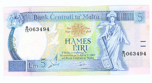 MALTA 5 Liri 1989 aUNC çilaltı banknot