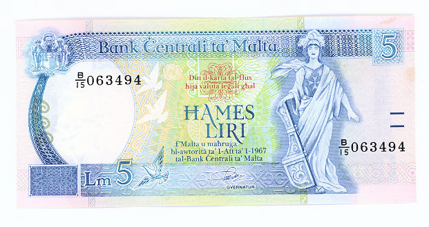 MALTA 5 Liri 1989 aUNC çilaltı banknot