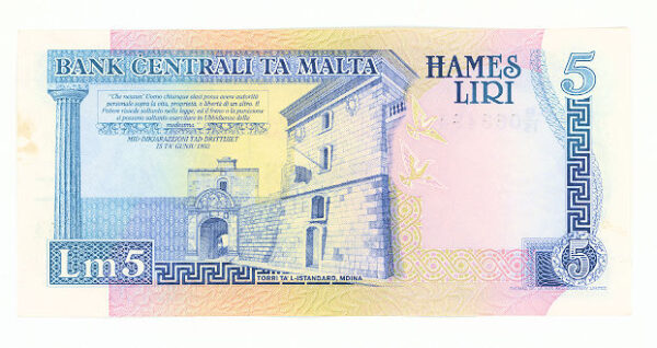 MALTA 5 Liri 1989 aUNC çilaltı banknot - Görsel 2
