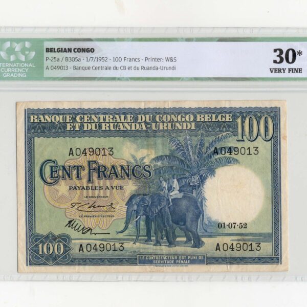 Belçika Kongosu BELGIAN CONGO 100 Francs 1952 Pick#25a ICG 30 VF *STAIN ON BACK